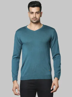 Men Green Regular Fit Solid Acrylic Full Sleeve V Neck Collar Sweaters
