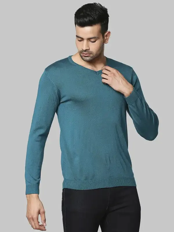 Men Green Regular Fit Solid Acrylic Full Sleeve V Neck Collar Sweaters
