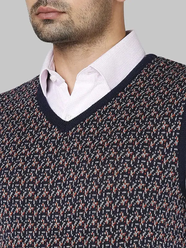 Men Orange Regular Fit Jacquard Acrylic Sleeveless V Neck Collar Sweaters