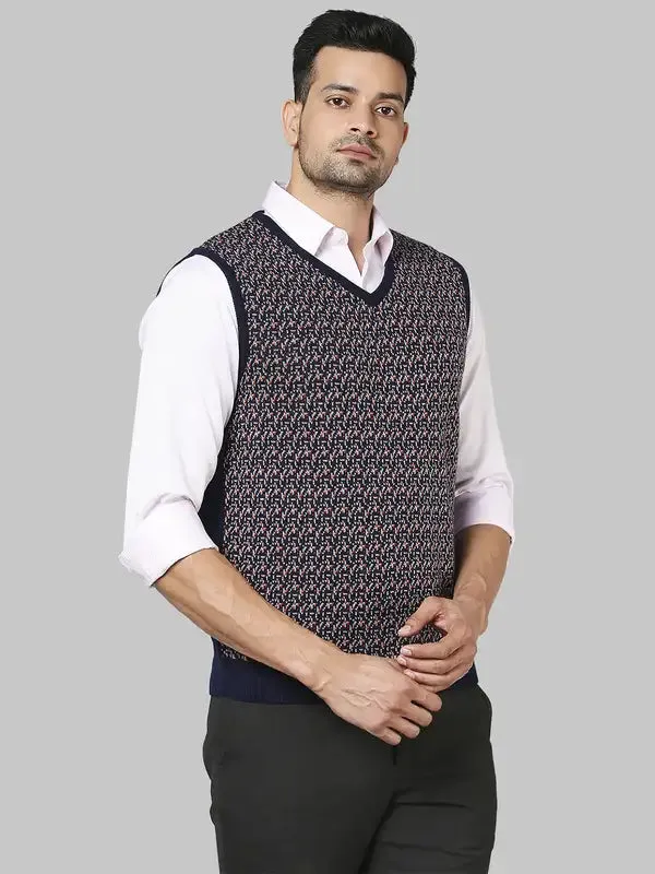 Men Orange Regular Fit Jacquard Acrylic Sleeveless V Neck Collar Sweaters