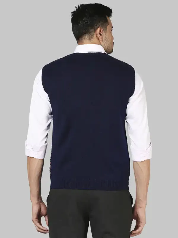 Men Orange Regular Fit Jacquard Acrylic Sleeveless V Neck Collar Sweaters