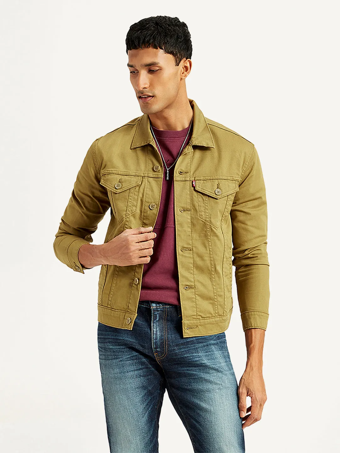 Men's Solid Tan Spread Collar Trucker Jacket