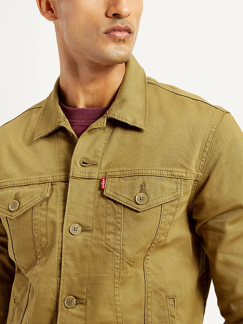 Men's Solid Tan Spread Collar Trucker Jacket