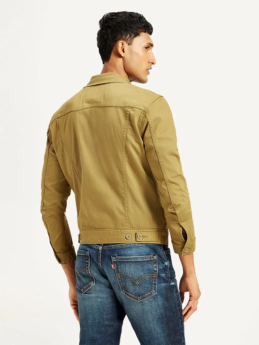Men's Solid Tan Spread Collar Trucker Jacket