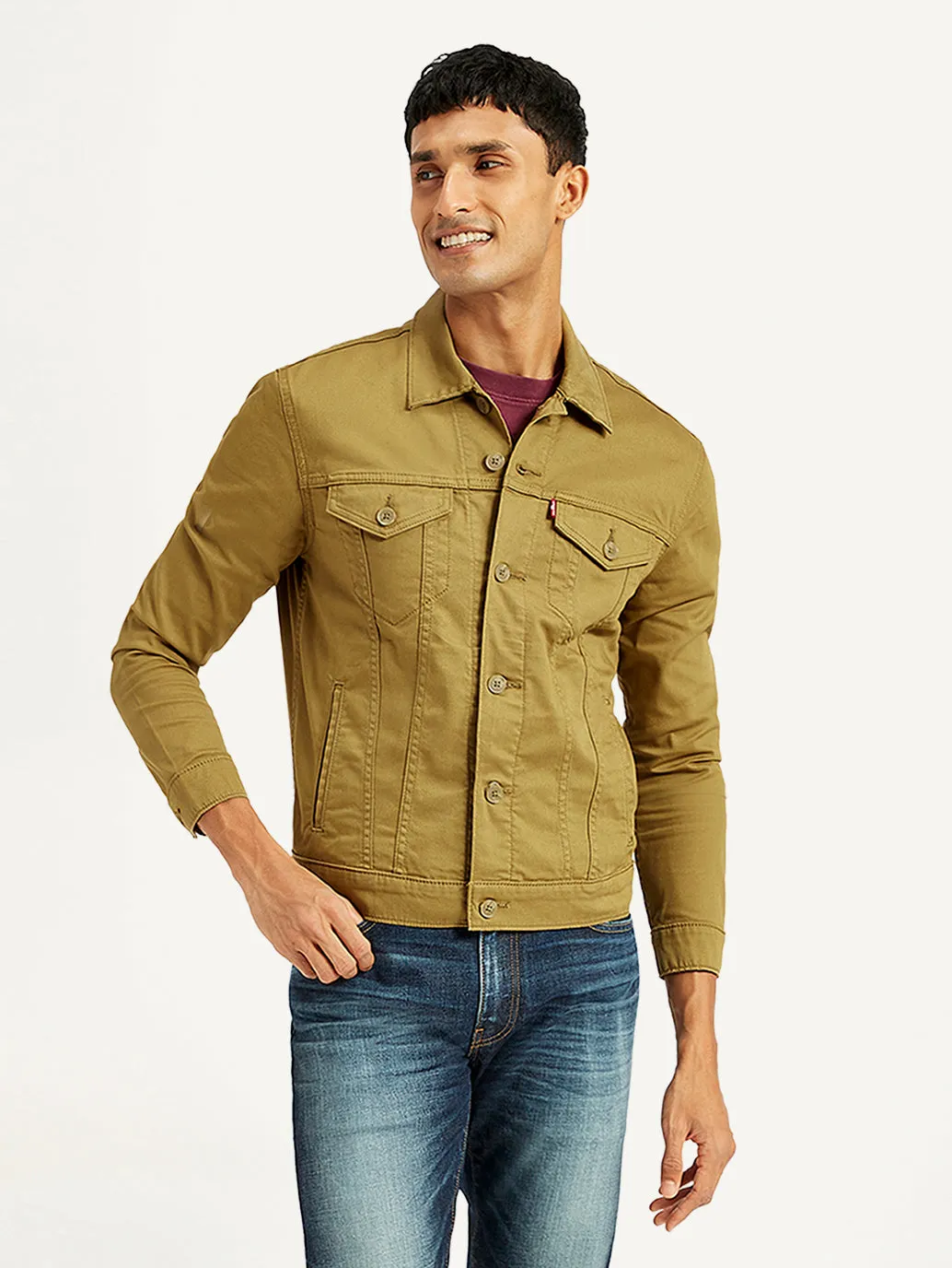 Men's Solid Tan Spread Collar Trucker Jacket