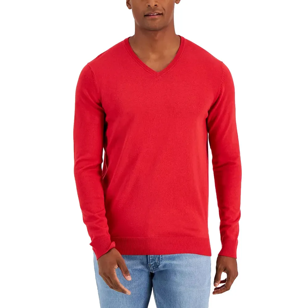 Men's Solid V-Neck Cotton Sweater,Red