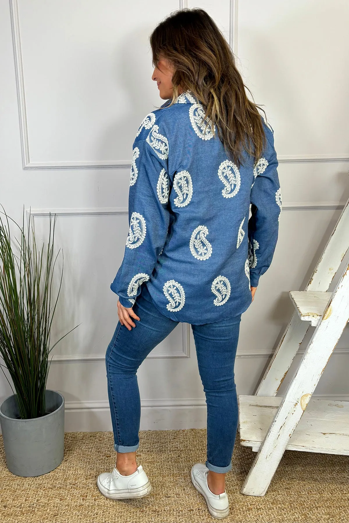 Millicent Denim Paisley Embroidered Shirt Mid Denim