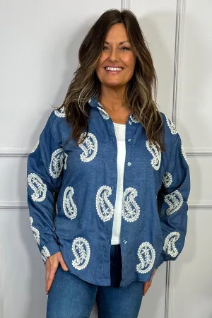 Millicent Denim Paisley Embroidered Shirt Mid Denim