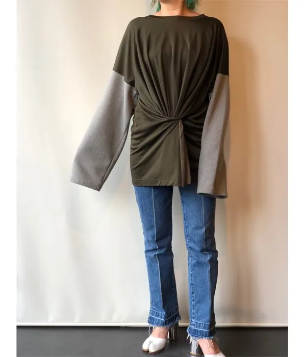 MM6 MAISON MARGIELA/DUAL-FABRIC FITTED BOAT-NECK SWEATSHIRT(KHAKI)