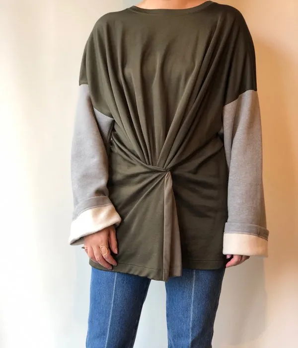 MM6 MAISON MARGIELA/DUAL-FABRIC FITTED BOAT-NECK SWEATSHIRT(KHAKI)