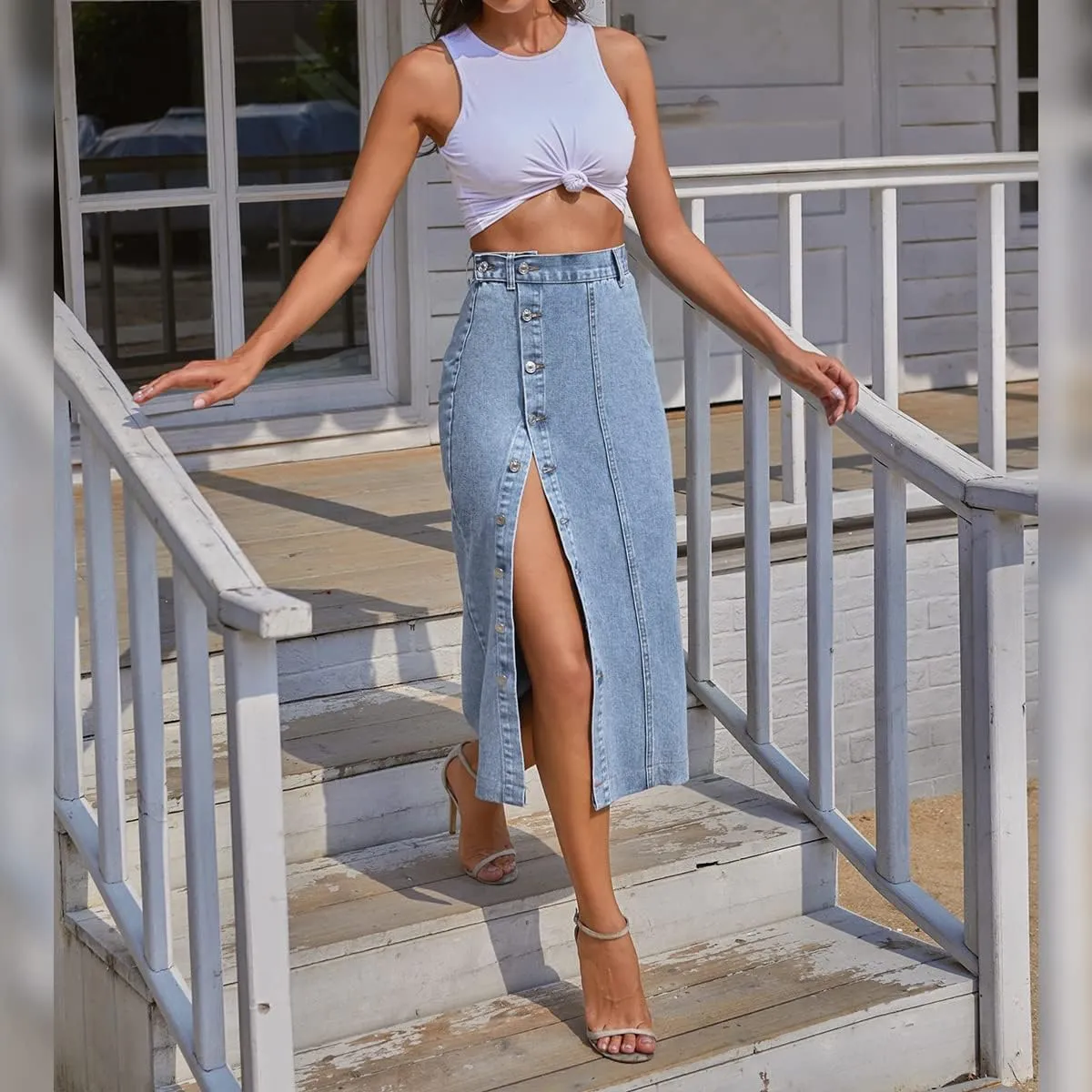 OBEEII Women's Denim Skirts Midi Length High Waist Button Split Hem Long Bodycon Pencil Skirt