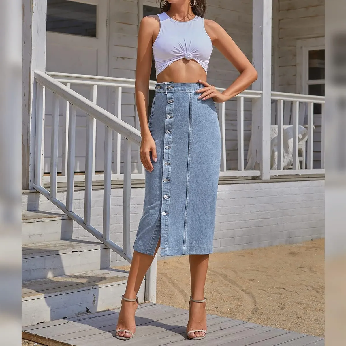OBEEII Women's Denim Skirts Midi Length High Waist Button Split Hem Long Bodycon Pencil Skirt