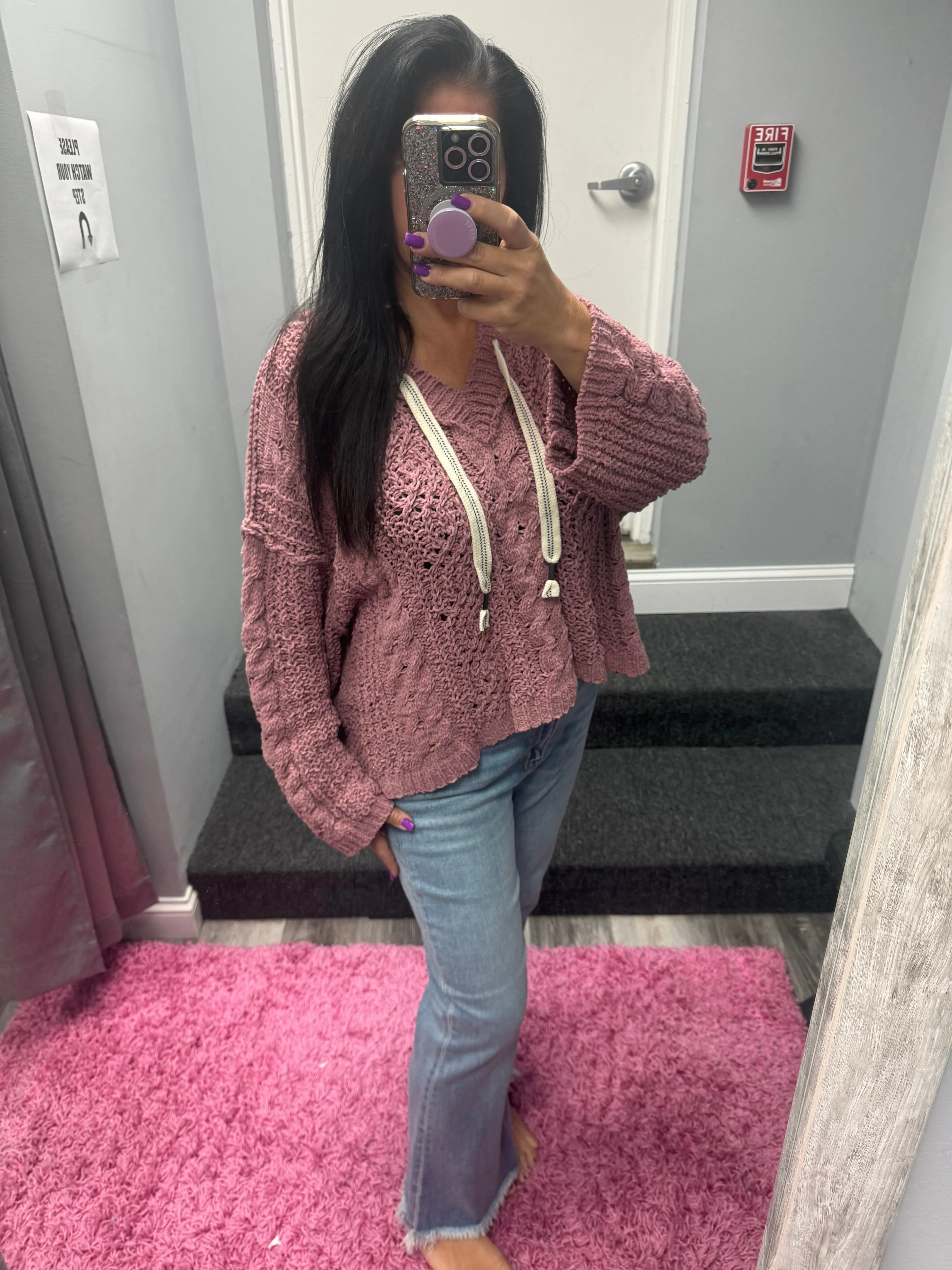 POL V-neck hooded cable knit chenille sweater - Assorted Colors