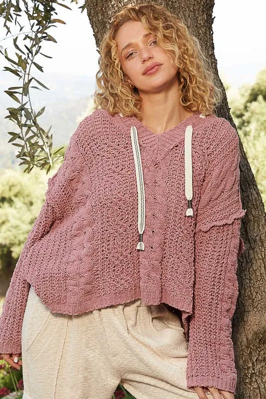POL V-neck hooded cable knit chenille sweater - Assorted Colors