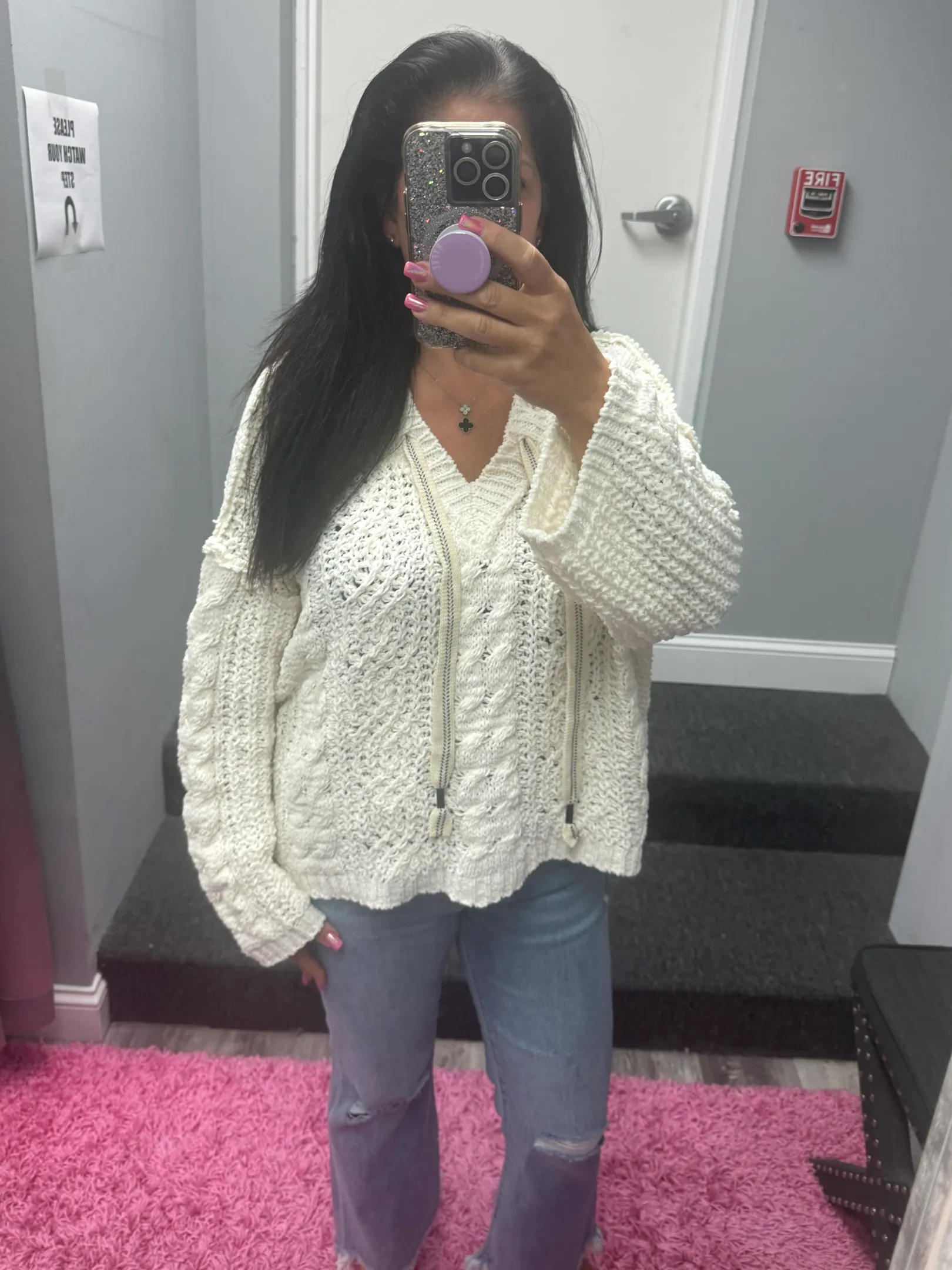 POL V-neck hooded cable knit chenille sweater - Assorted Colors