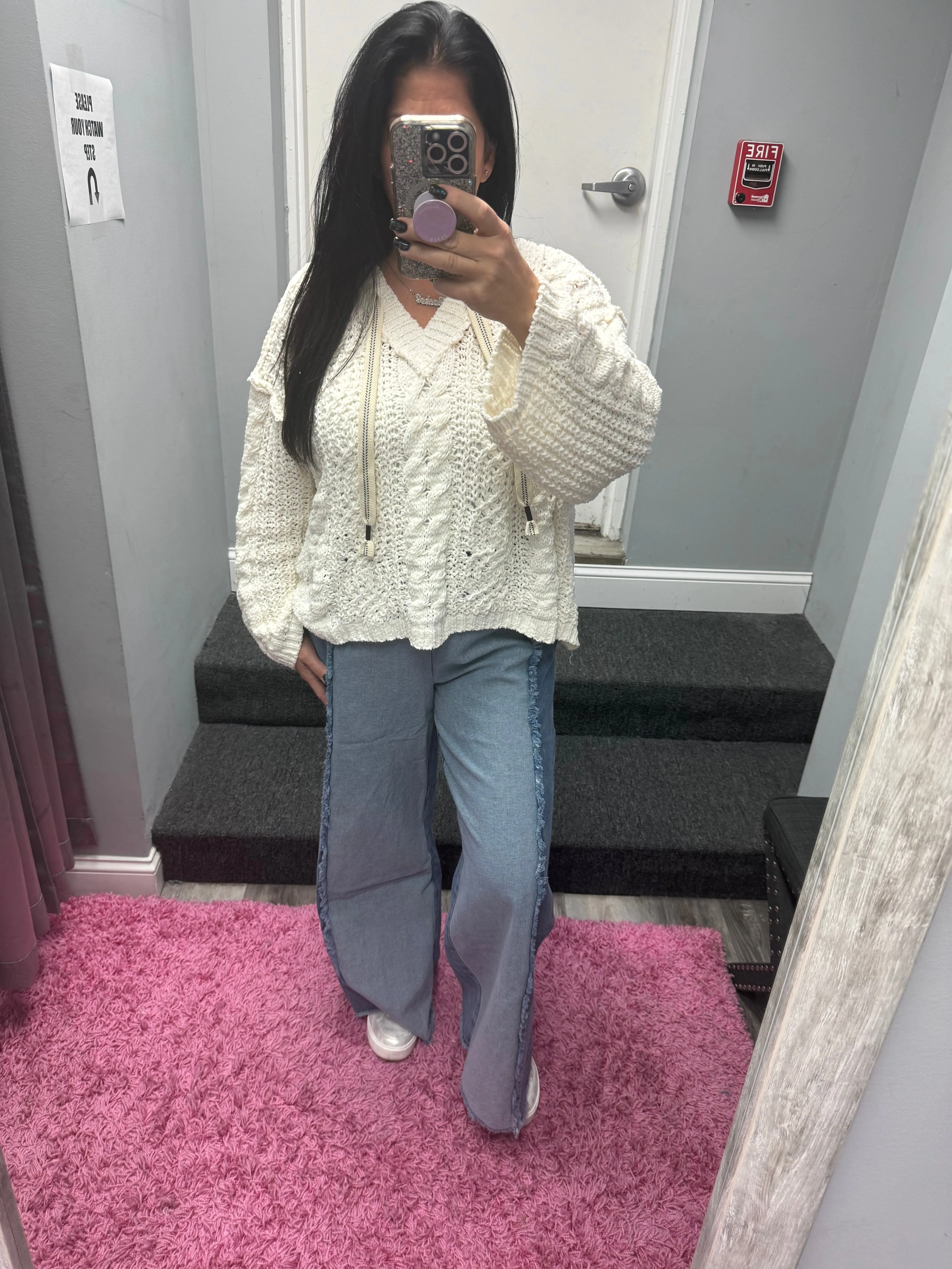 POL V-neck hooded cable knit chenille sweater - Assorted Colors