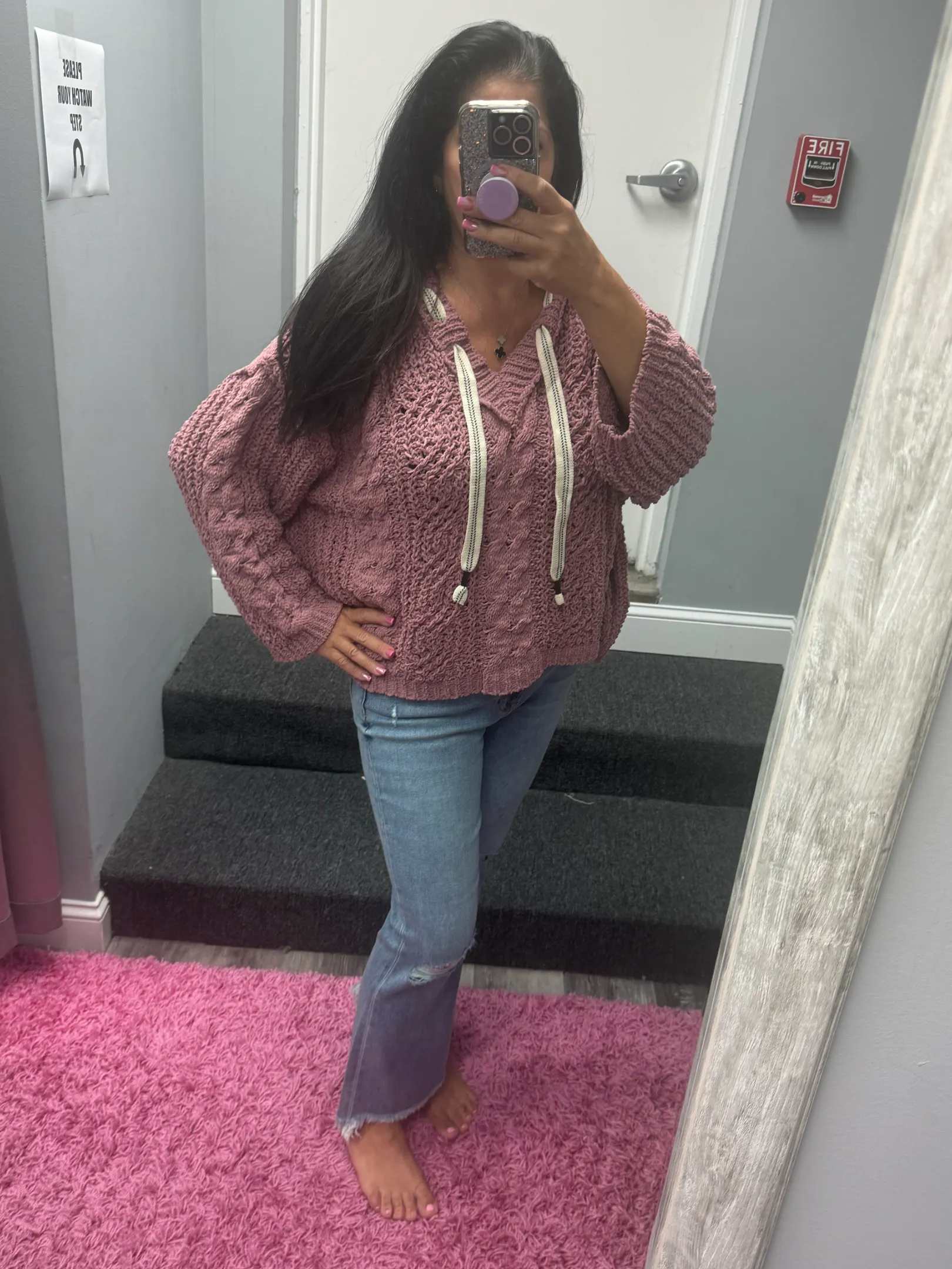 POL V-neck hooded cable knit chenille sweater - Assorted Colors