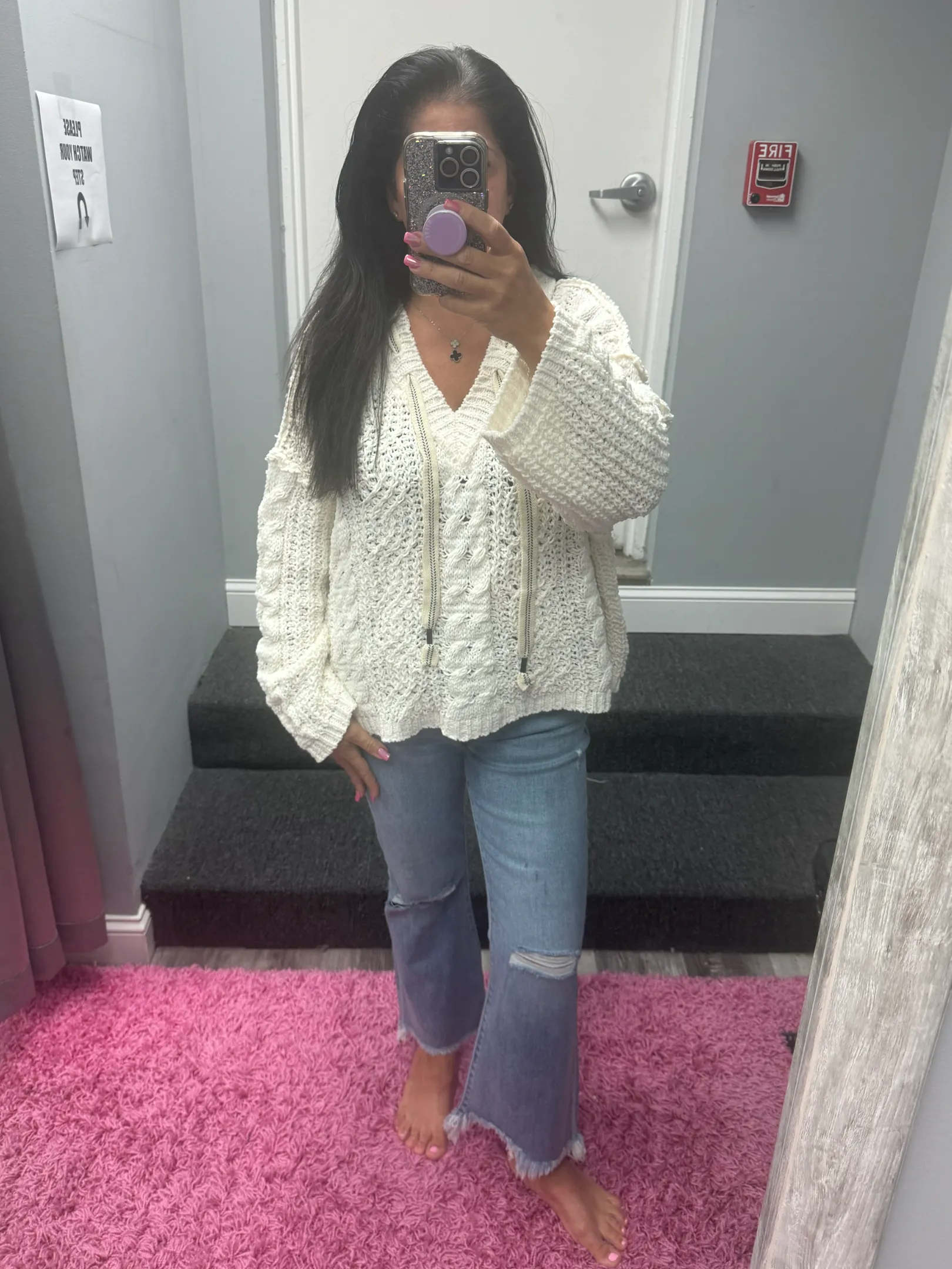 POL V-neck hooded cable knit chenille sweater - Assorted Colors