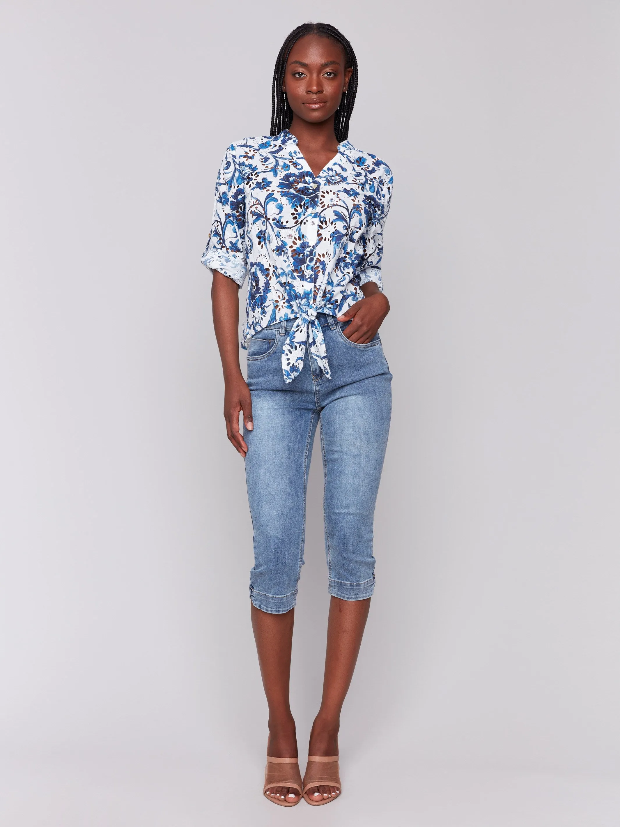 Printed Eyelet Cotton Blouse with Front Tie - Delphinium