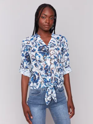 Printed Eyelet Cotton Blouse with Front Tie - Delphinium
