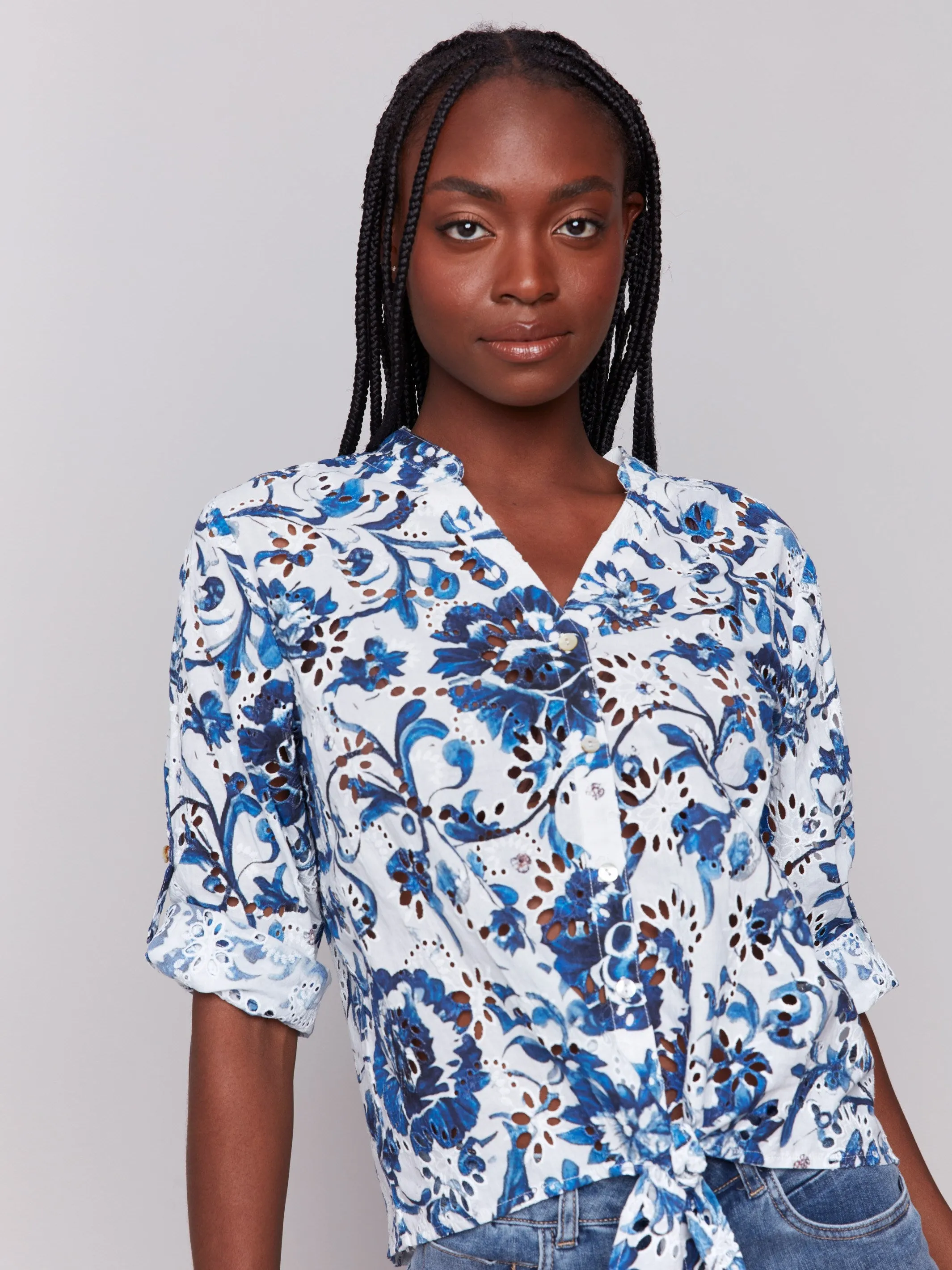Printed Eyelet Cotton Blouse with Front Tie - Delphinium