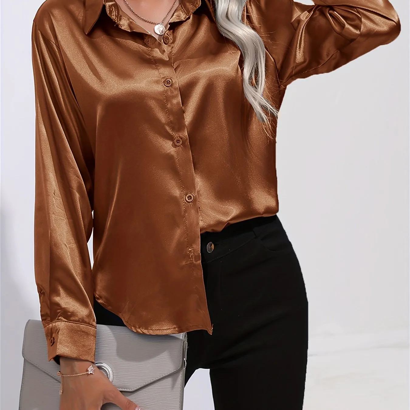 Purpdrank Elegant All-Season Shirt for Women - Long Sleeve, Solid Color, Easy-Care Polyester Blouse with Classic Turn-Down Collar