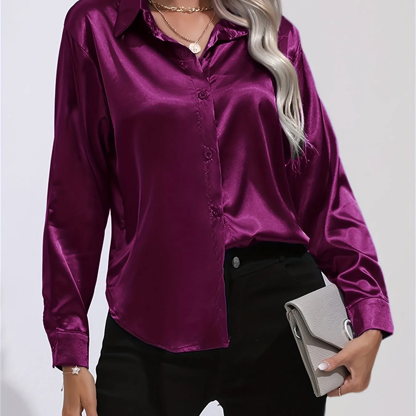 Purpdrank Elegant All-Season Shirt for Women - Long Sleeve, Solid Color, Easy-Care Polyester Blouse with Classic Turn-Down Collar