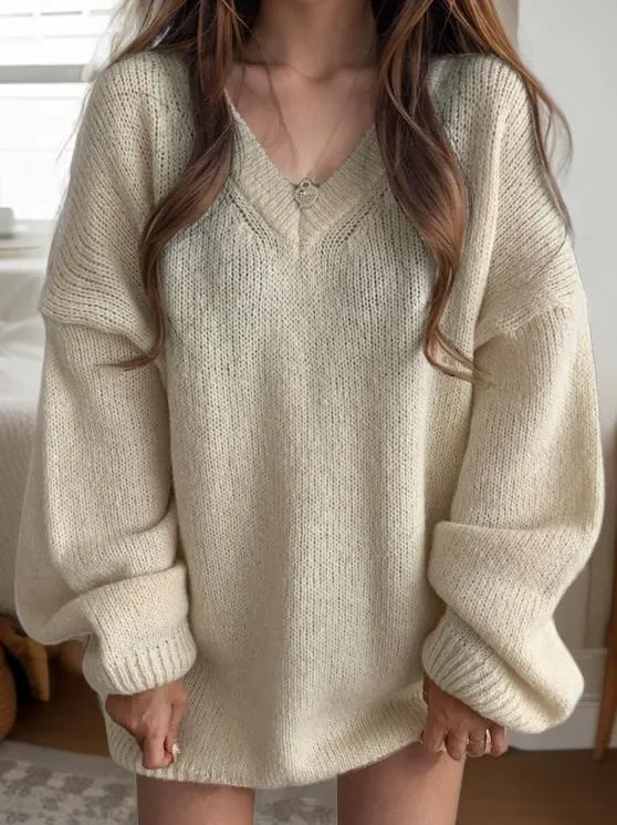 Relaxed Fit V-Neck Knit Sweater in Solid Color