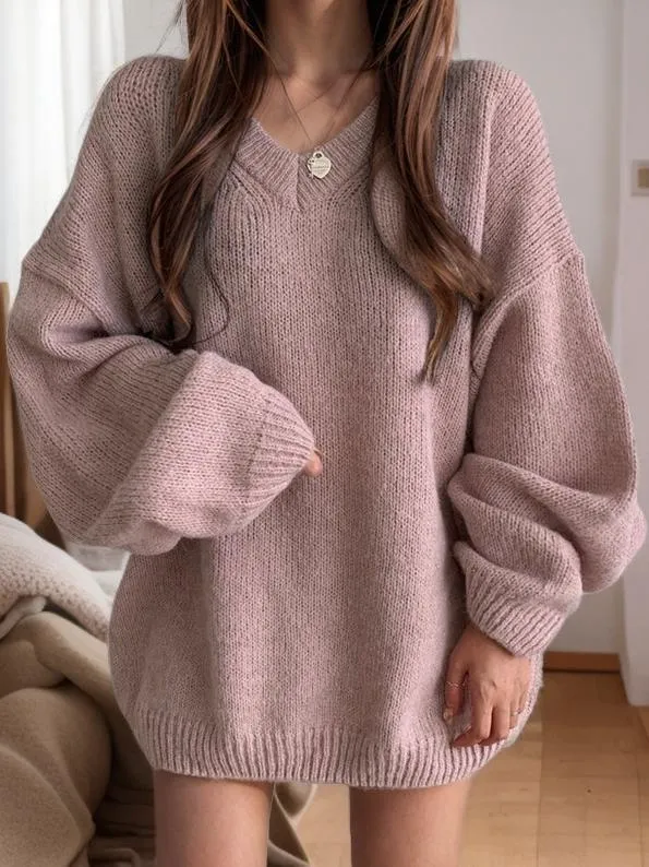 Relaxed Fit V-Neck Knit Sweater in Solid Color