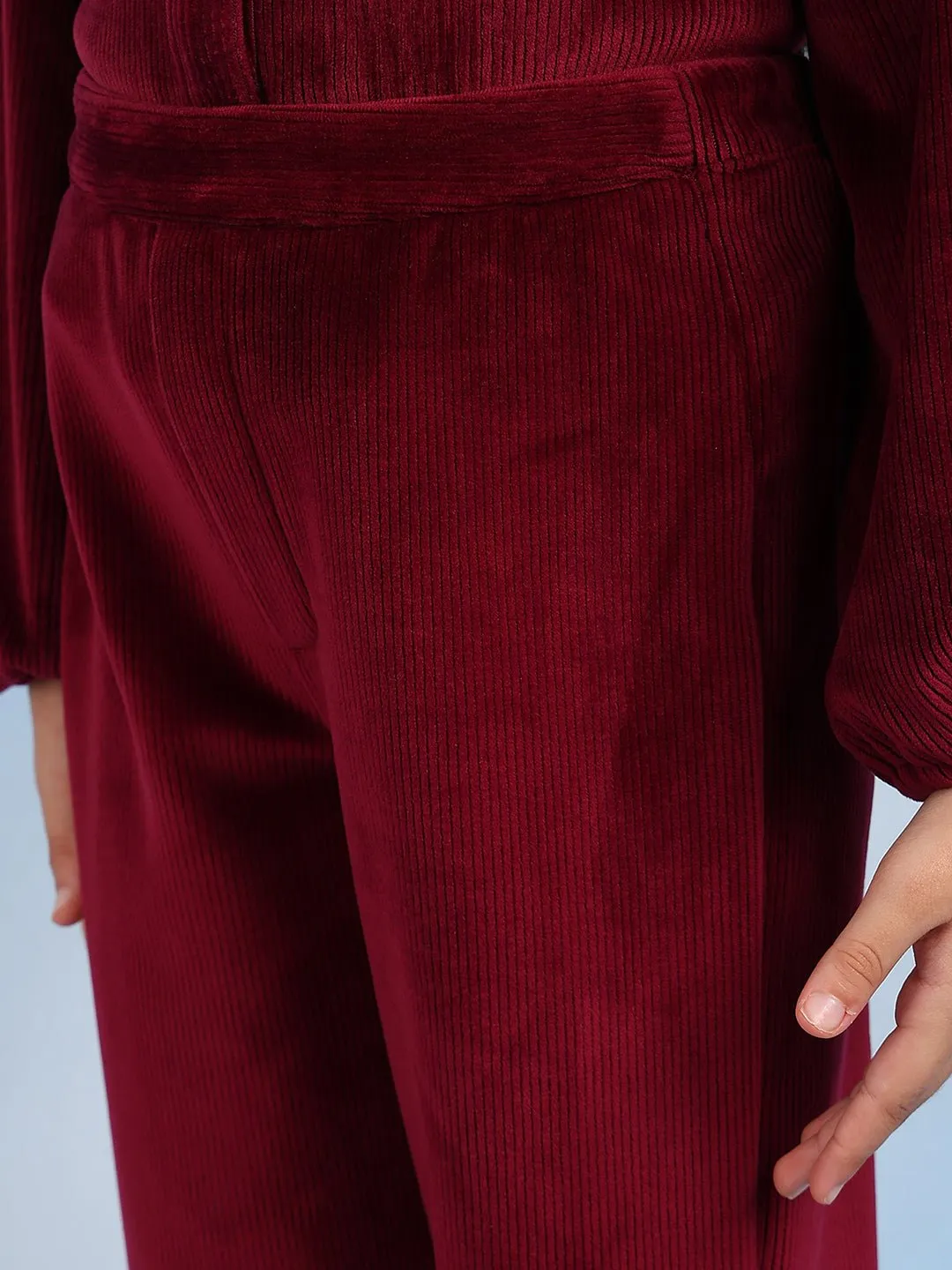 Sand Girls Cotton Relaxed Fit Solid Casual Pants - Burgundy