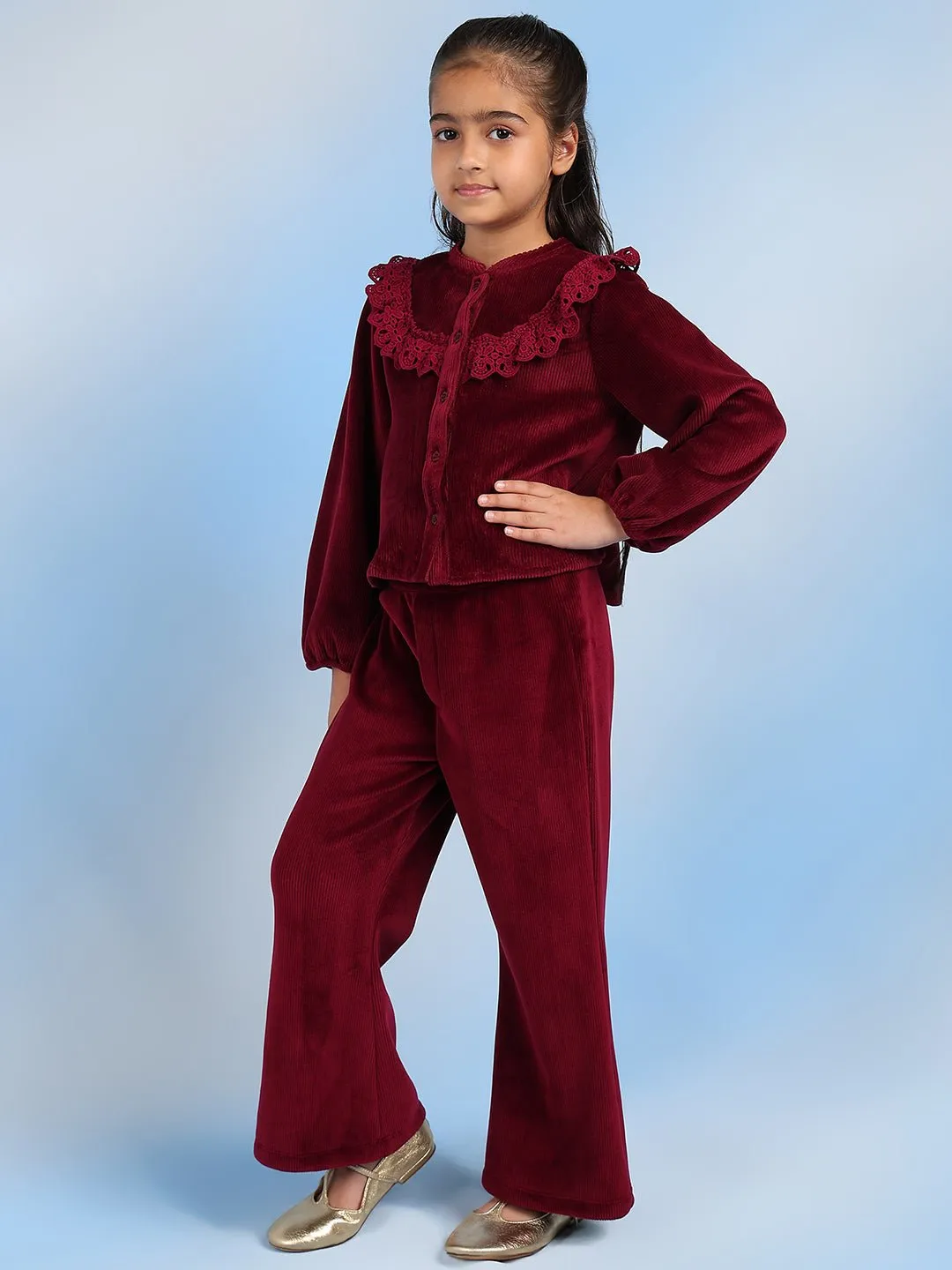 Sand Girls Cotton Relaxed Fit Solid Casual Pants - Burgundy