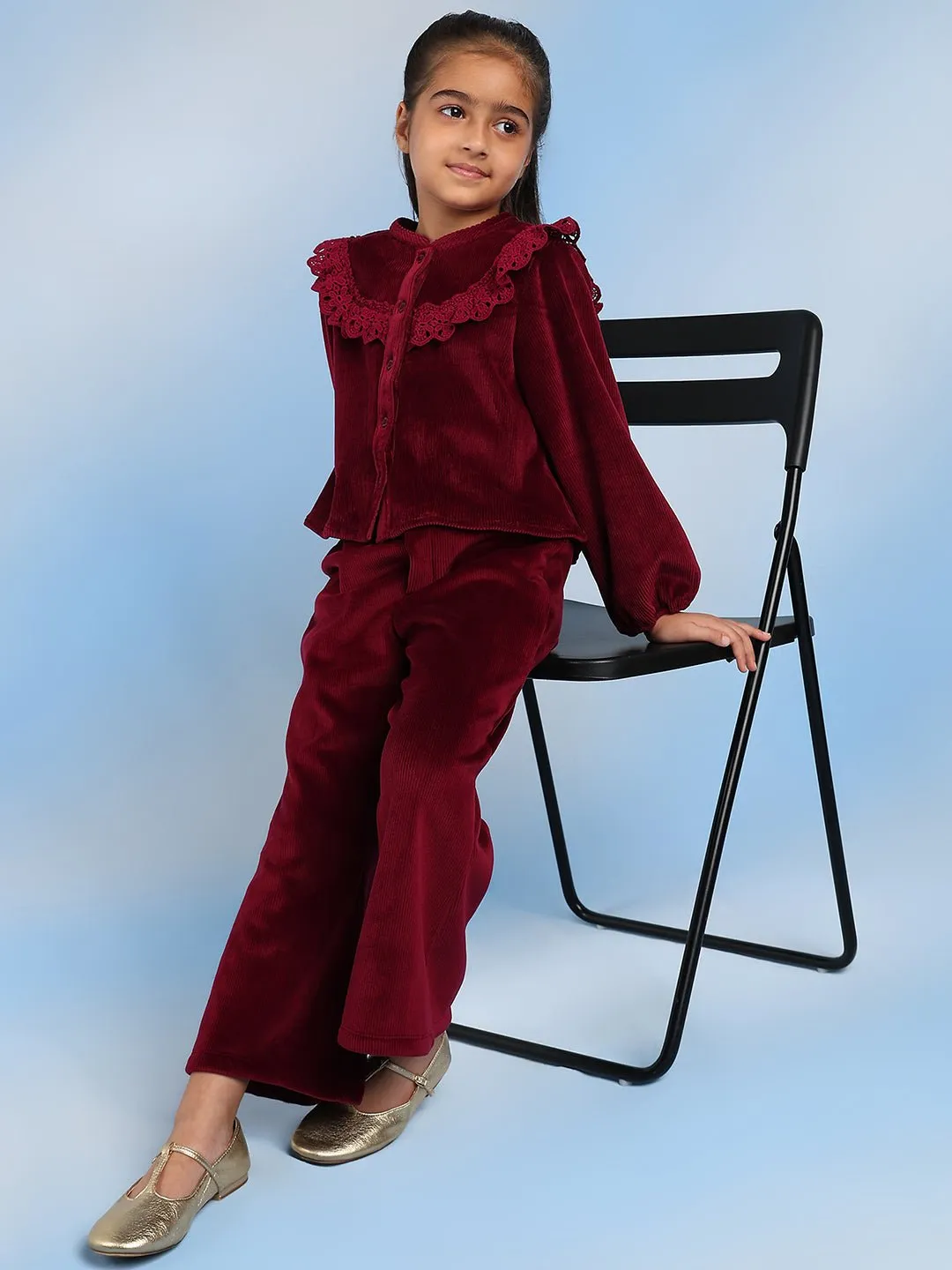 Sand Girls Cotton Relaxed Fit Solid Casual Pants - Burgundy