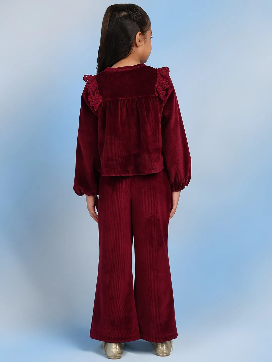 Sand Girls Cotton Relaxed Fit Solid Casual Pants - Burgundy