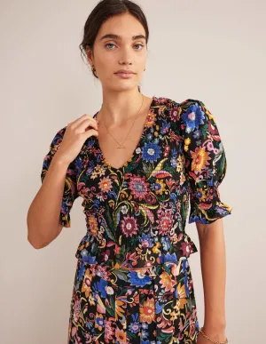 Smocked Bodice Crop Top-Black, Gardenia Pop