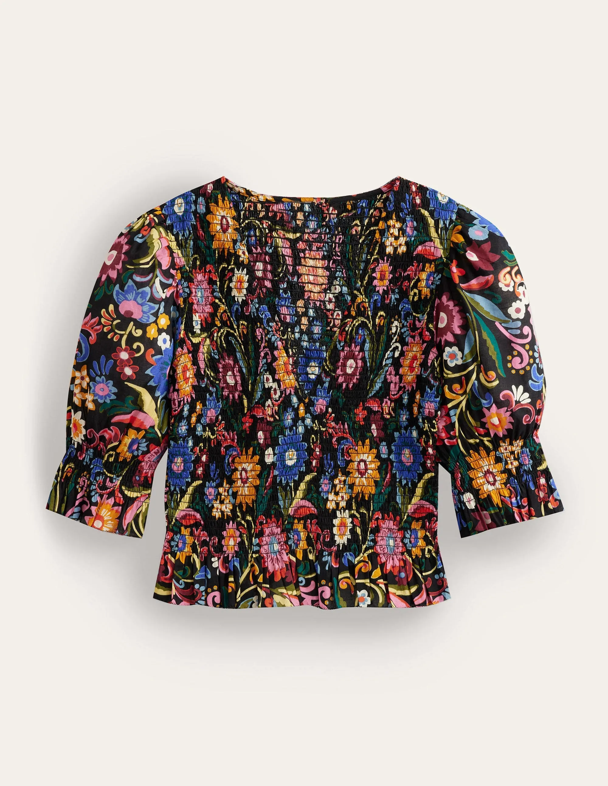 Smocked Bodice Crop Top-Black, Gardenia Pop