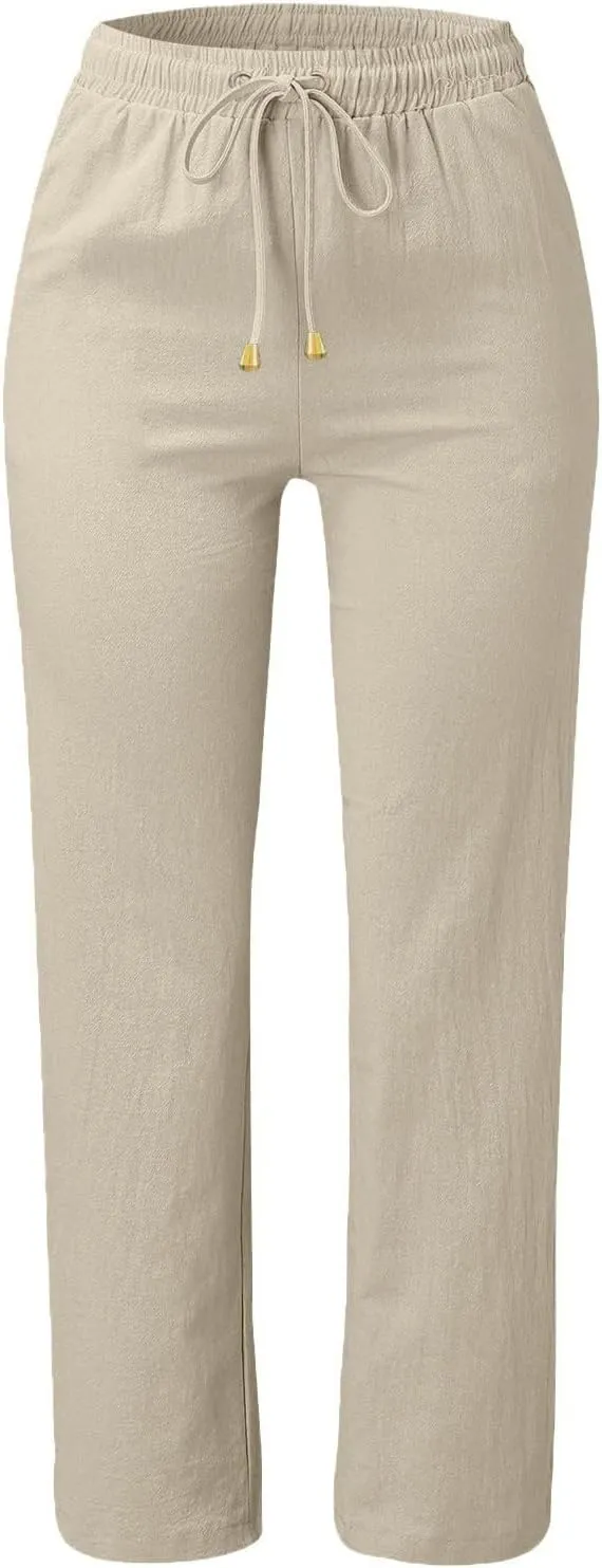 Straight Leg Cotton Linen Pants for Women Summer Casual Pants Boho Beach Pants High Waisted Lounge Pants with Pockets
