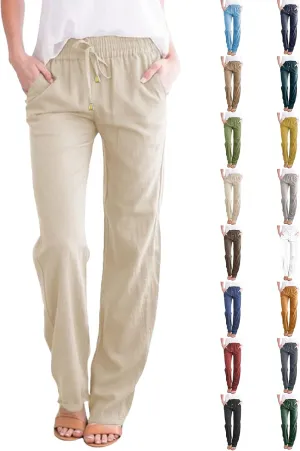 Straight Leg Cotton Linen Pants for Women Summer Casual Pants Boho Beach Pants High Waisted Lounge Pants with Pockets
