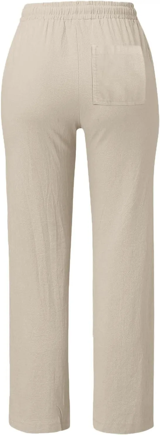 Straight Leg Cotton Linen Pants for Women Summer Casual Pants Boho Beach Pants High Waisted Lounge Pants with Pockets