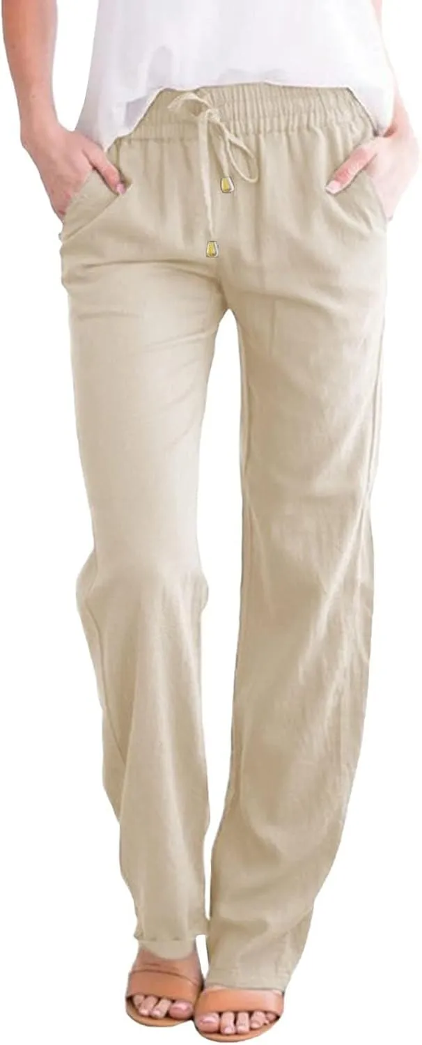 Straight Leg Cotton Linen Pants for Women Summer Casual Pants Boho Beach Pants High Waisted Lounge Pants with Pockets
