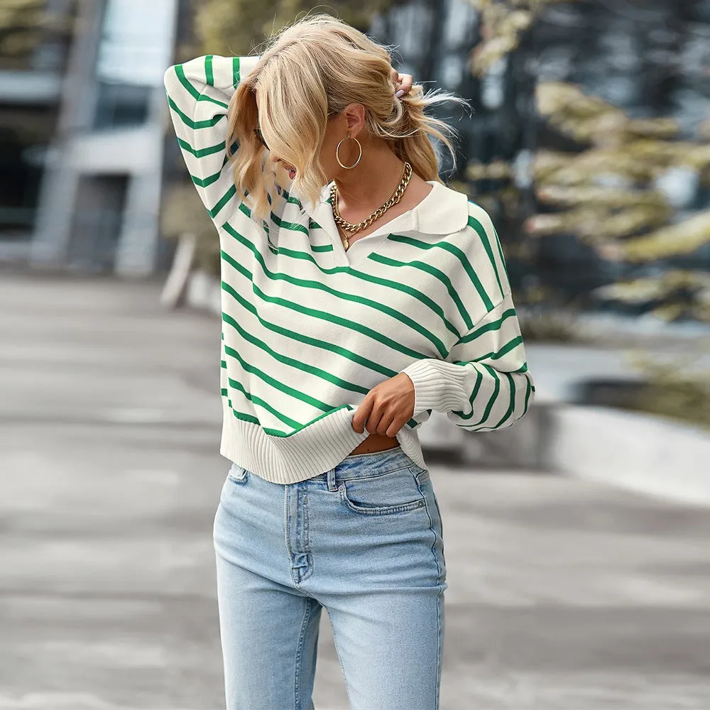 Striped Lapel Collar Sweater (4 colors)