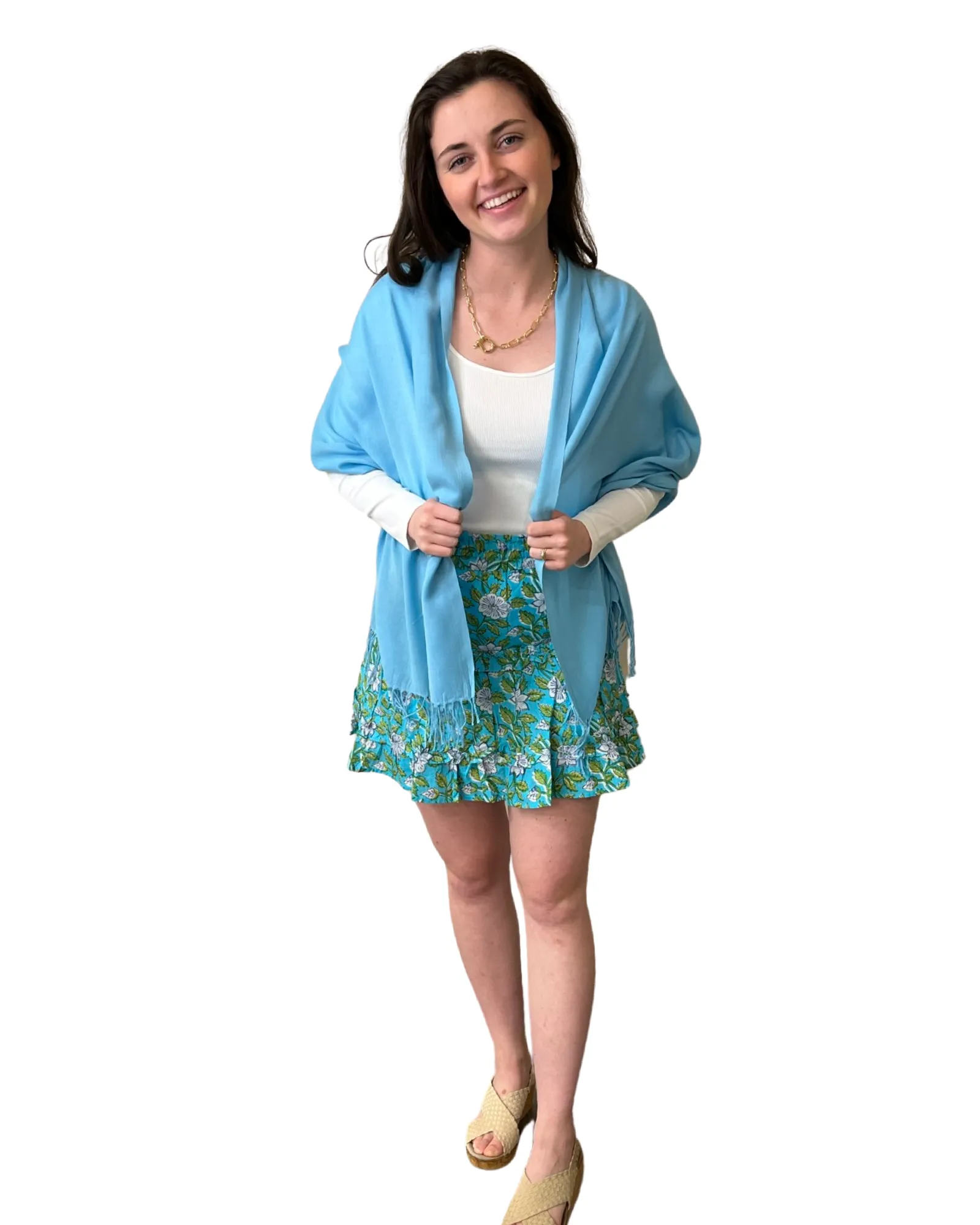 The Kara Block Print Elastic Waist Tiered Skirt in Turquoise