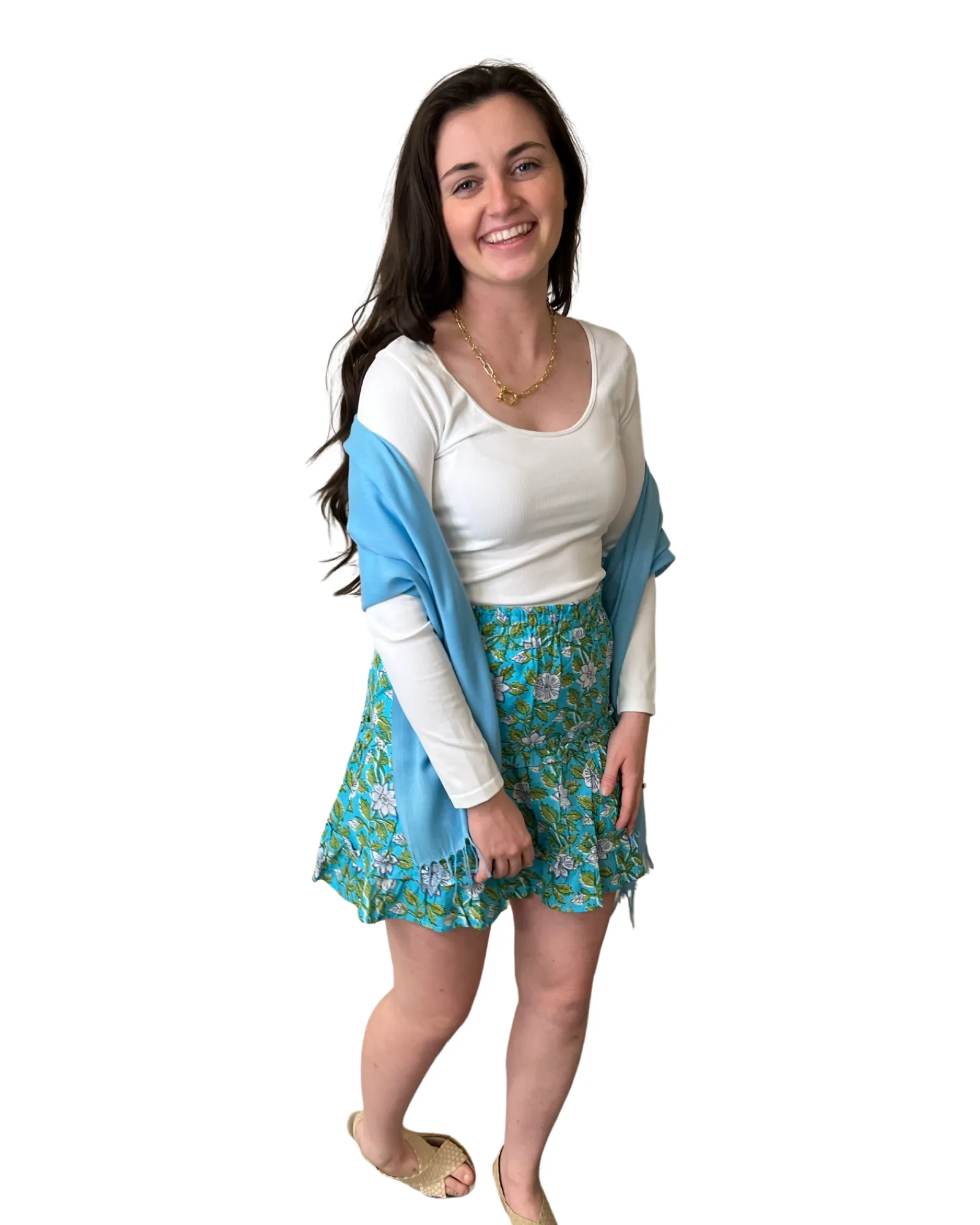 The Kara Block Print Elastic Waist Tiered Skirt in Turquoise