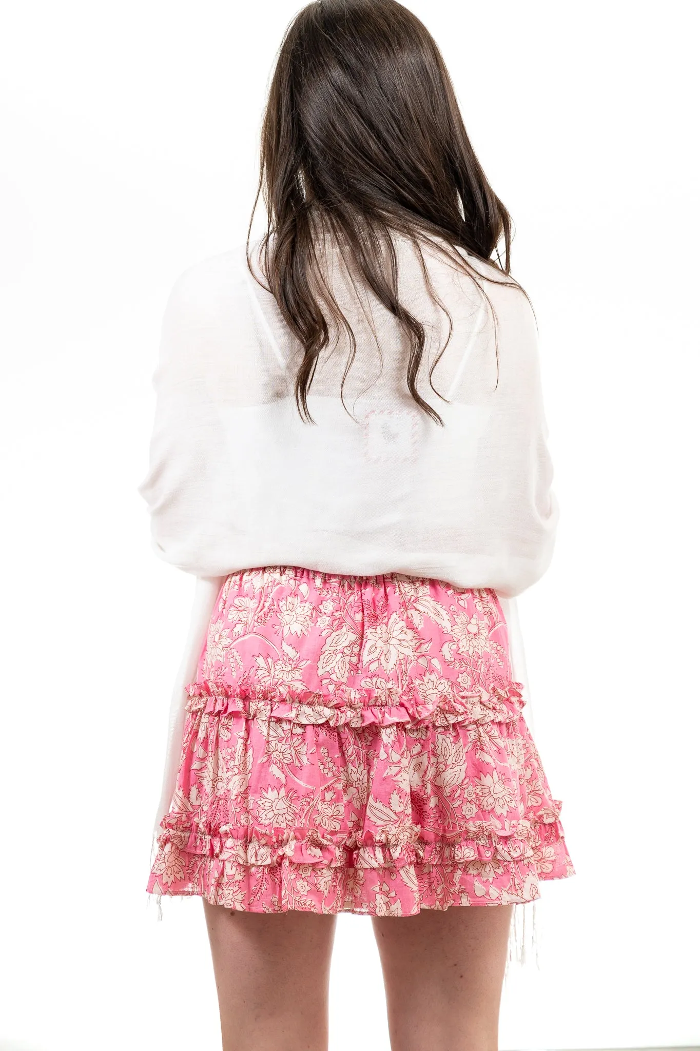 The Kara Elastic Waist Skirt in Pink and White Cotton