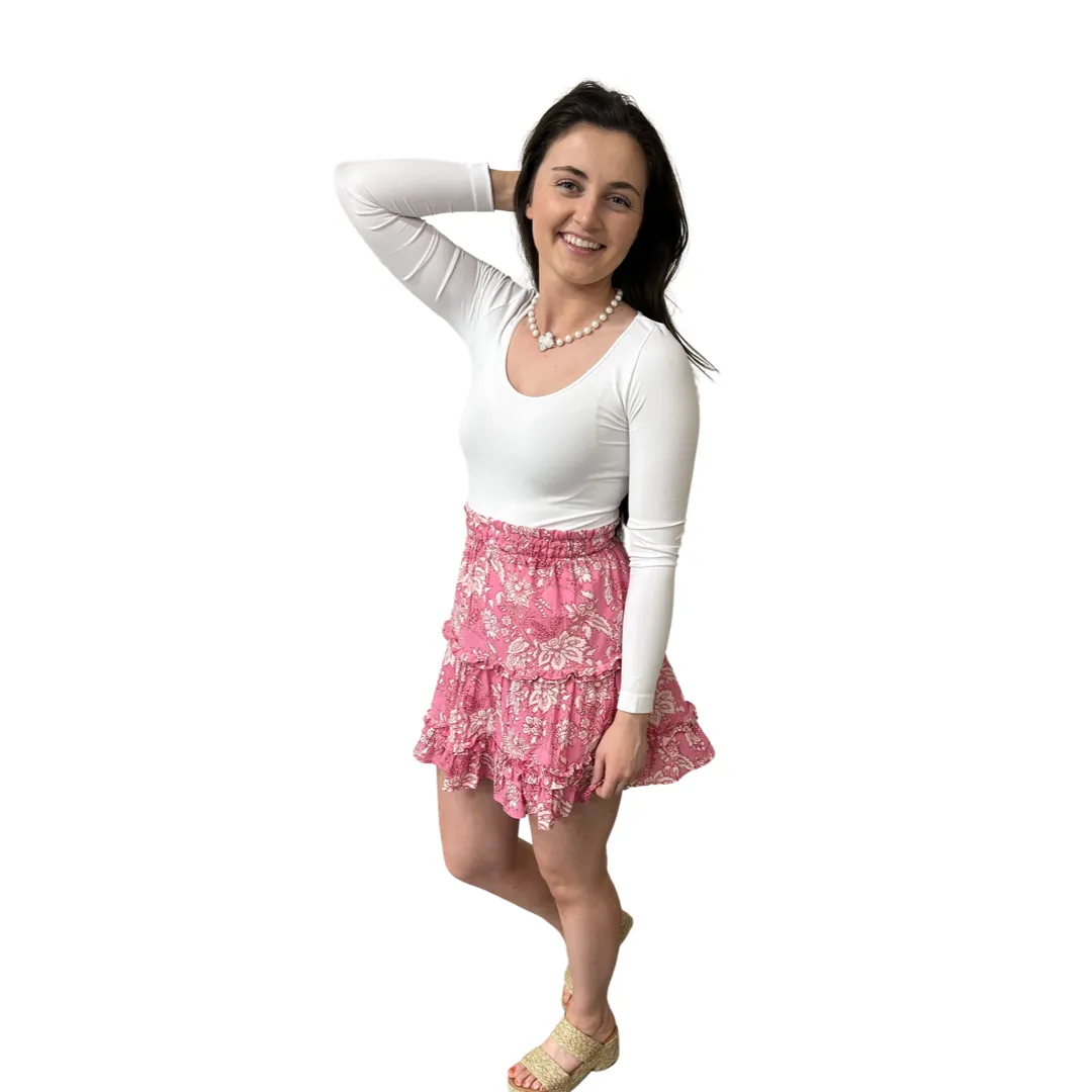 The Kara Elastic Waist Skirt in Pink and White Cotton