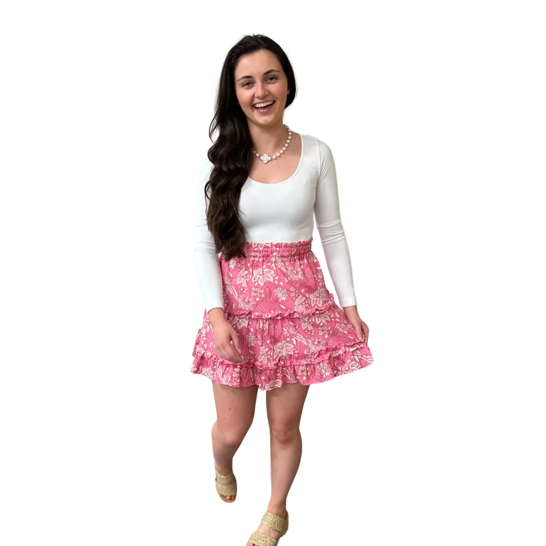 The Kara Elastic Waist Skirt in Pink and White Cotton