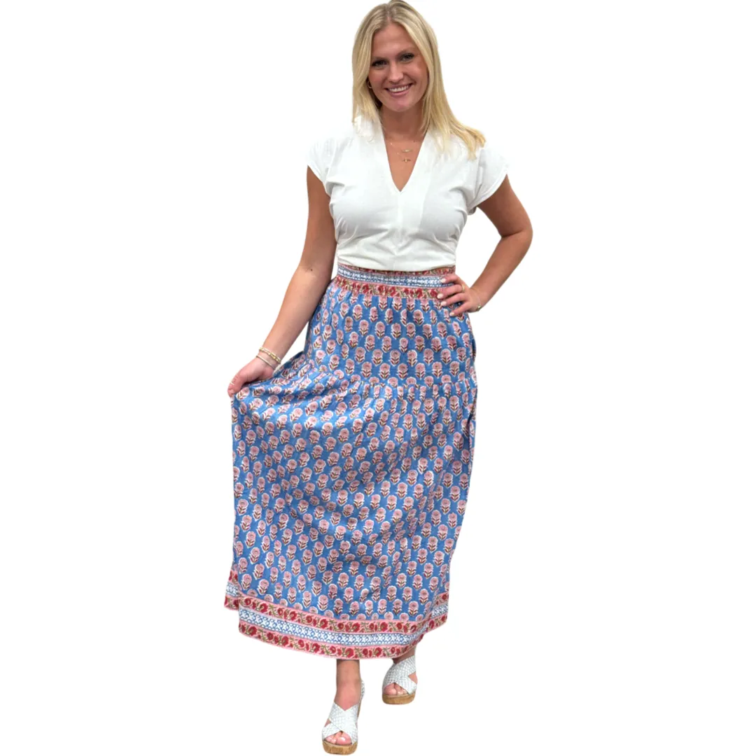 The Lila Border Trim Skirt in Blue and Pink Hand Blocked Cotton