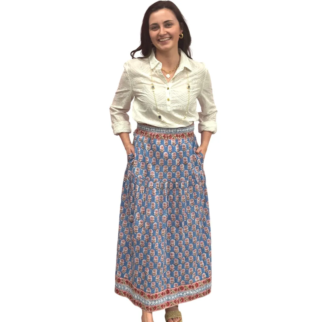 The Lila Border Trim Skirt in Blue and Pink Hand Blocked Cotton
