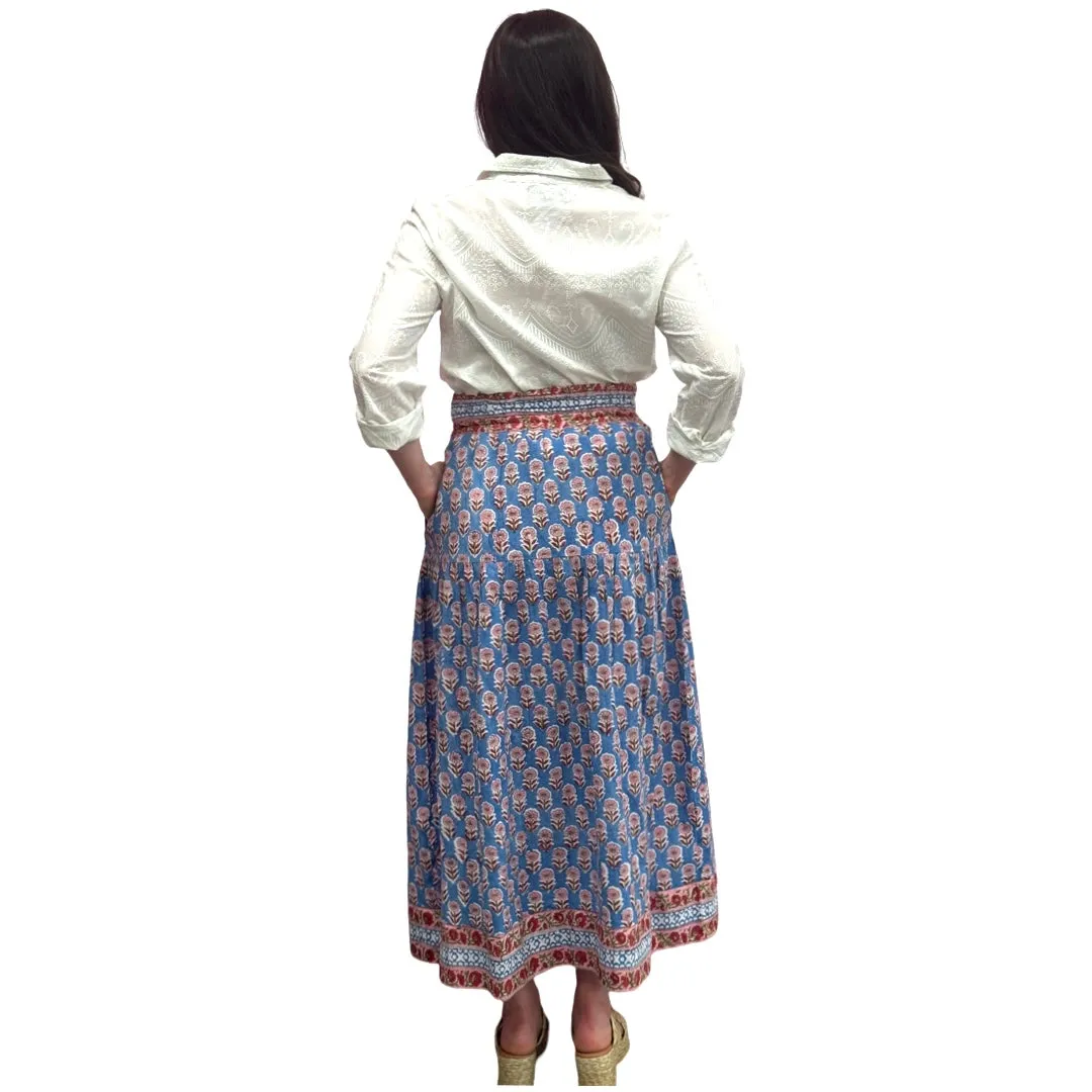 The Lila Border Trim Skirt in Blue and Pink Hand Blocked Cotton