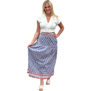 The Lila Border Trim Skirt in Blue and Pink Hand Blocked Cotton