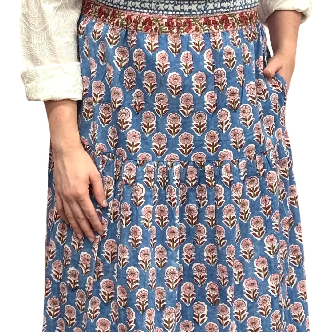 The Lila Border Trim Skirt in Blue and Pink Hand Blocked Cotton